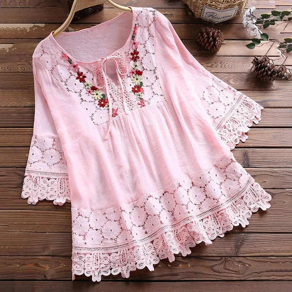 3/4 Length Sleeve Womens Boho Tops Cotton Linen Mexican Embroidered Shirts Plus Size Flowy Lace Tunic Peasant Blouses