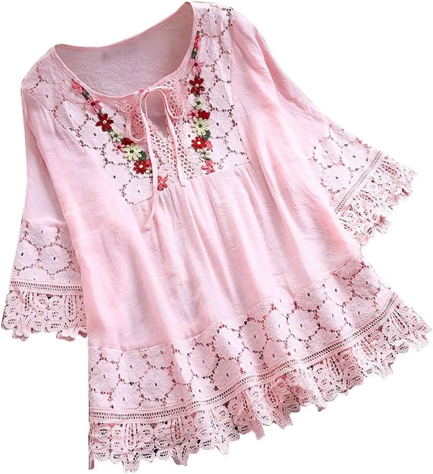 3/4 Length Sleeve Womens Boho Tops Cotton Linen Mexican Embroidered Shirts Plus Size Flowy Lace Tunic Peasant Blouses