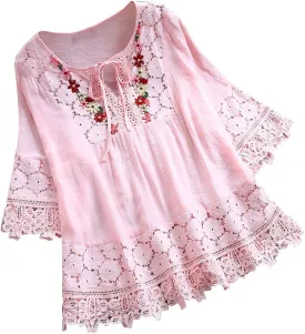 3/4 Length Sleeve Womens Boho Tops Cotton Linen Mexican Embroidered Shirts Plus Size Flowy Lace Tunic Peasant Blouses