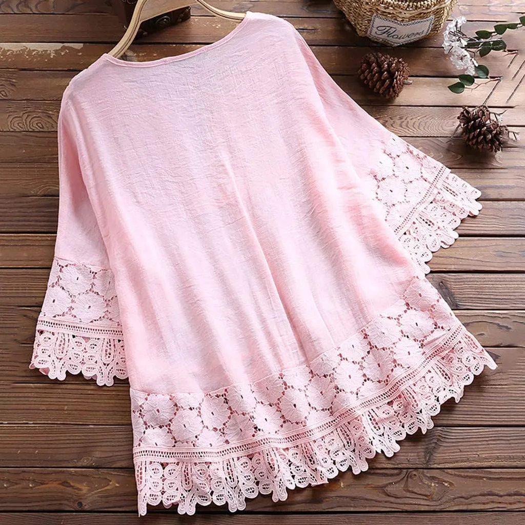 3/4 Length Sleeve Womens Boho Tops Cotton Linen Mexican Embroidered Shirts Plus Size Flowy Lace Tunic Peasant Blouses