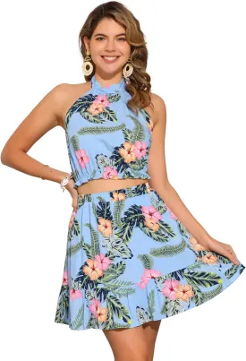 Allegra K Women's 2 Piece Outfits Floral Halter Neck Sleeveless Crop Top with Short Skirt Set