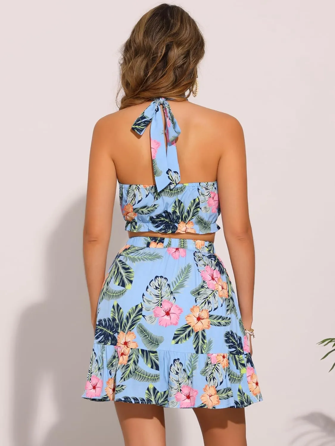 Allegra K Women's 2 Piece Outfits Floral Halter Neck Sleeveless Crop Top with Short Skirt Set