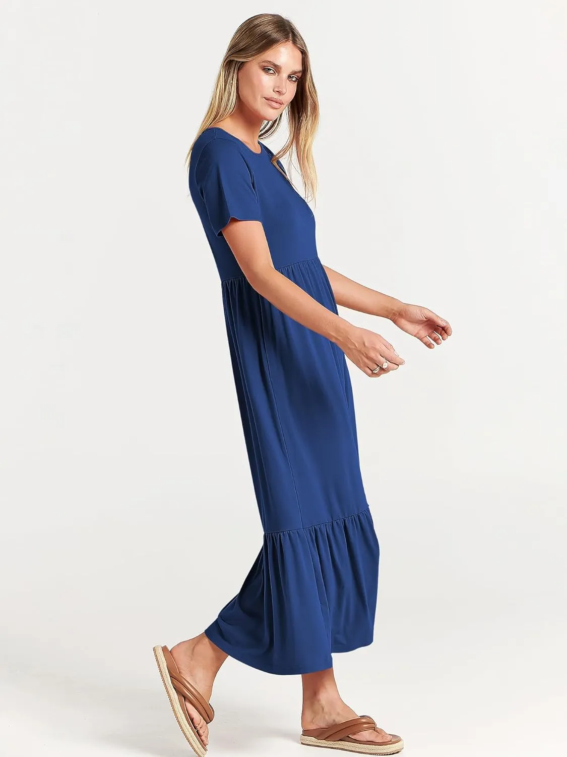 ANRABESS Women Summer Casual Short Sleeve Crewneck Aline Swing Flowy Tiered Shirt Maxi Beach Long Dress 2025 Trendy Outfits