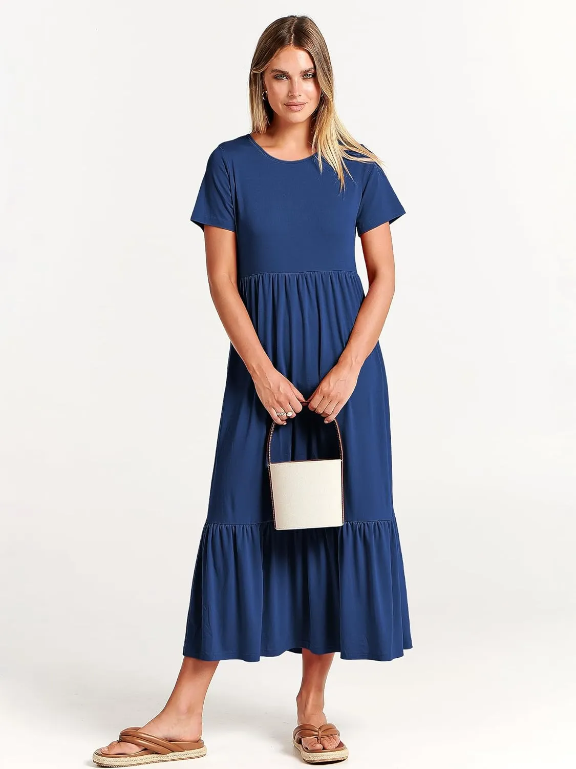 ANRABESS Women Summer Casual Short Sleeve Crewneck Aline Swing Flowy Tiered Shirt Maxi Beach Long Dress 2025 Trendy Outfits