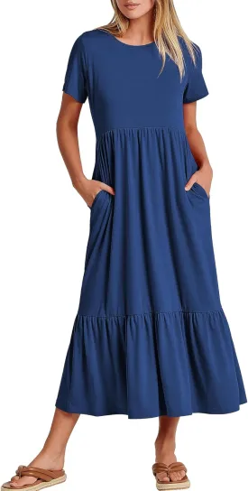 ANRABESS Women Summer Casual Short Sleeve Crewneck Aline Swing Flowy Tiered Shirt Maxi Beach Long Dress 2025 Trendy Outfits