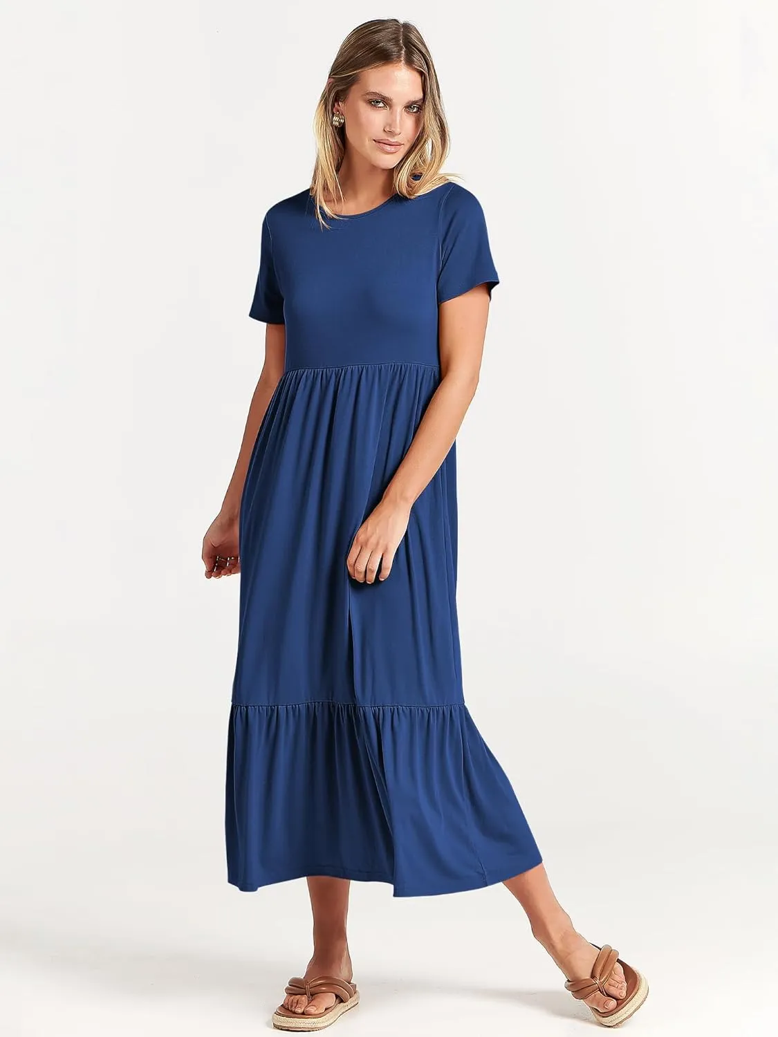 ANRABESS Women Summer Casual Short Sleeve Crewneck Aline Swing Flowy Tiered Shirt Maxi Beach Long Dress 2025 Trendy Outfits