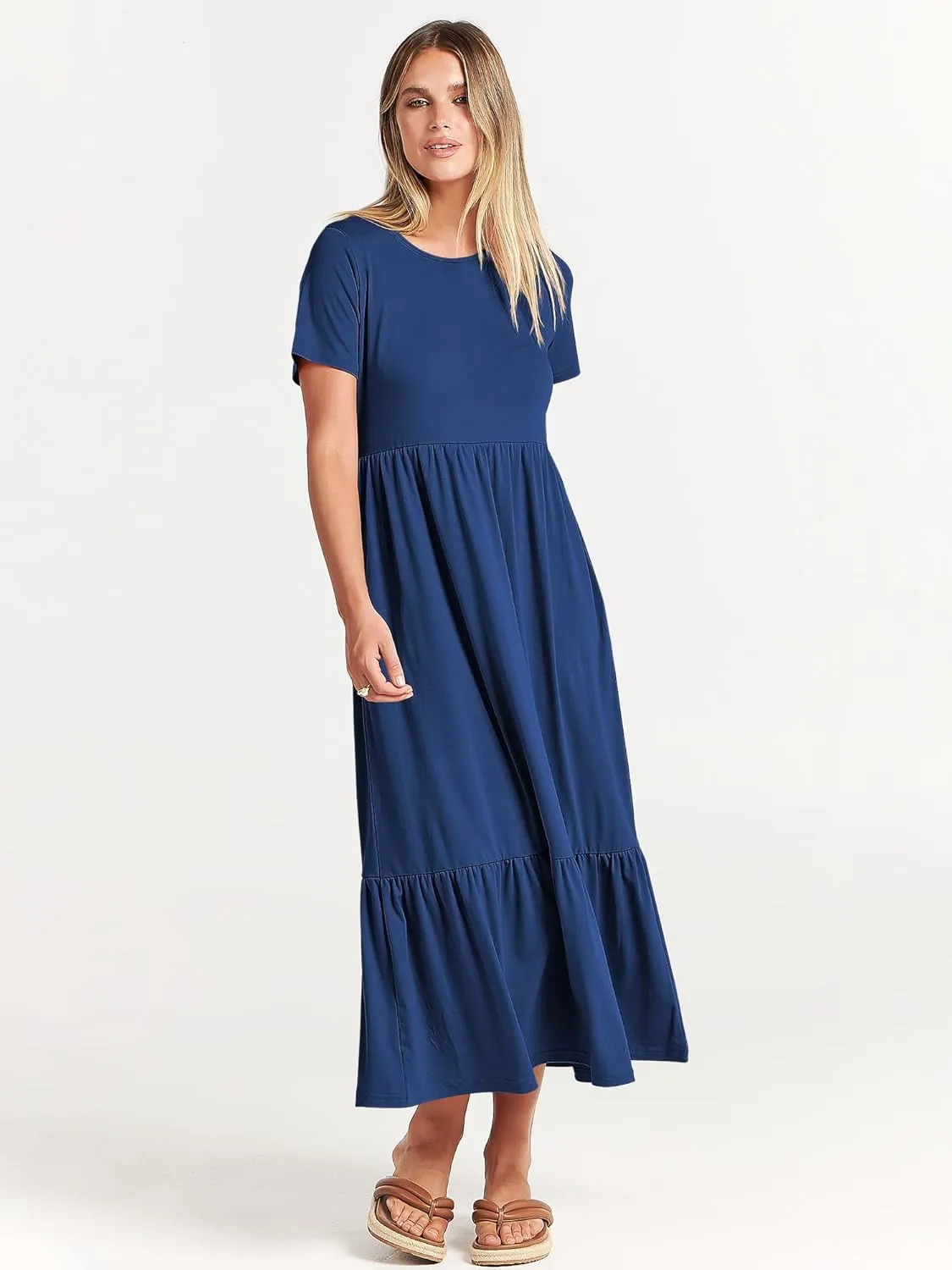 ANRABESS Women Summer Casual Short Sleeve Crewneck Aline Swing Flowy Tiered Shirt Maxi Beach Long Dress 2025 Trendy Outfits