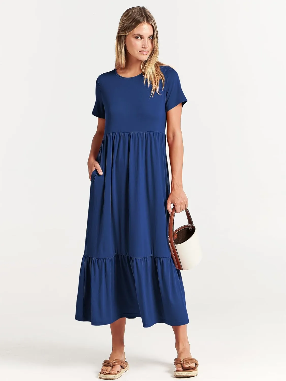 ANRABESS Women Summer Casual Short Sleeve Crewneck Aline Swing Flowy Tiered Shirt Maxi Beach Long Dress 2025 Trendy Outfits