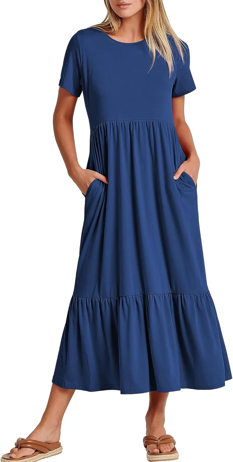 ANRABESS Women Summer Casual Short Sleeve Crewneck Aline Swing Flowy Tiered Shirt Maxi Beach Long Dress 2025 Trendy Outfits