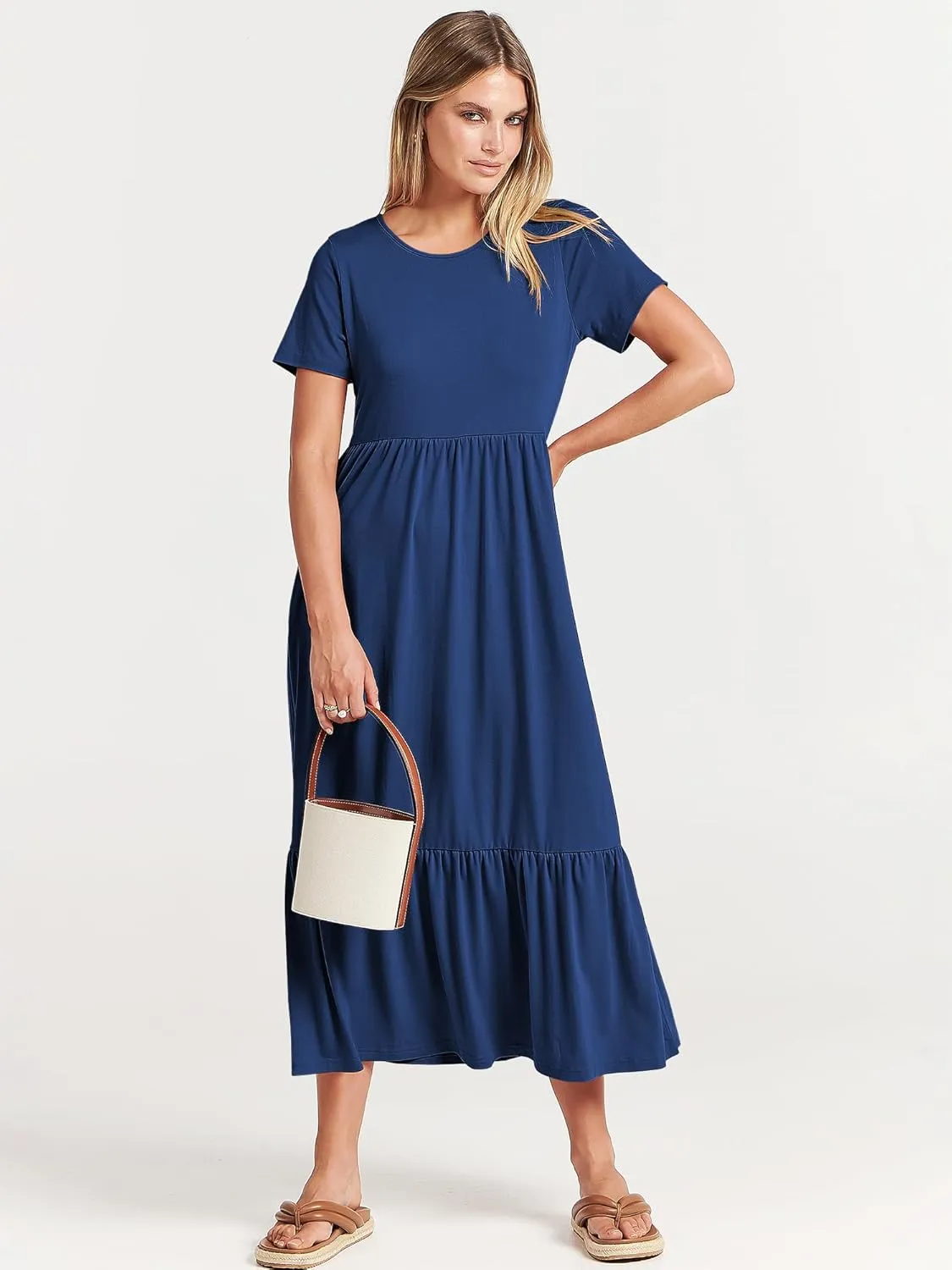 ANRABESS Women Summer Casual Short Sleeve Crewneck Aline Swing Flowy Tiered Shirt Maxi Beach Long Dress 2025 Trendy Outfits