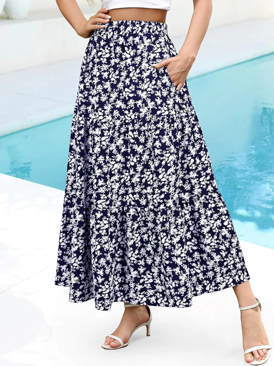 Berydress Long Skirts for Women with Pockets Trendy Elastic High Waist Flowy Swing A Line Ruffle Tiered Maxi Skirt