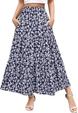Berydress Long Skirts for Women with Pockets Trendy Elastic High Waist Flowy Swing A Line Ruffle Tiered Maxi Skirt
