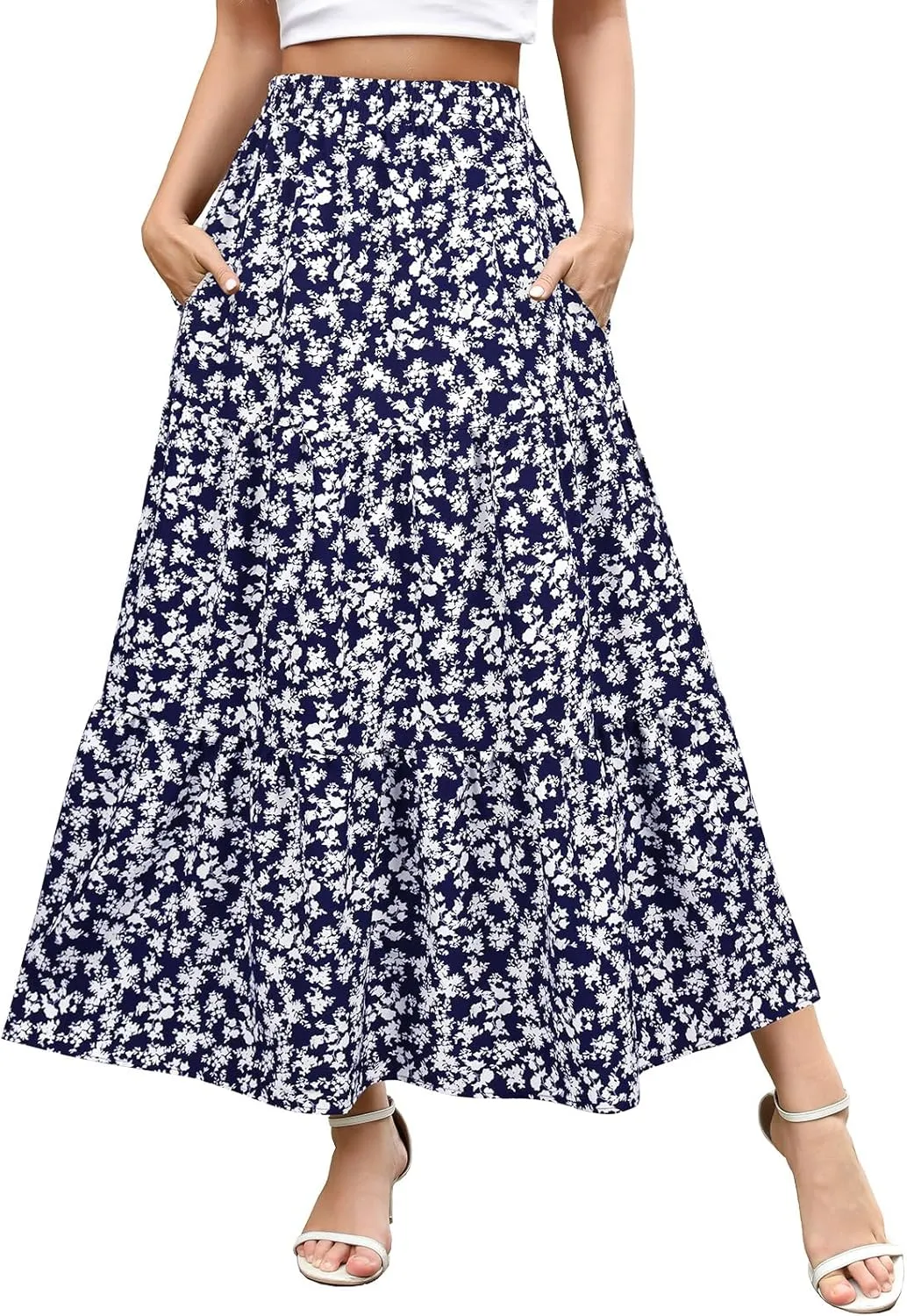 Berydress Long Skirts for Women with Pockets Trendy Elastic High Waist Flowy Swing A Line Ruffle Tiered Maxi Skirt