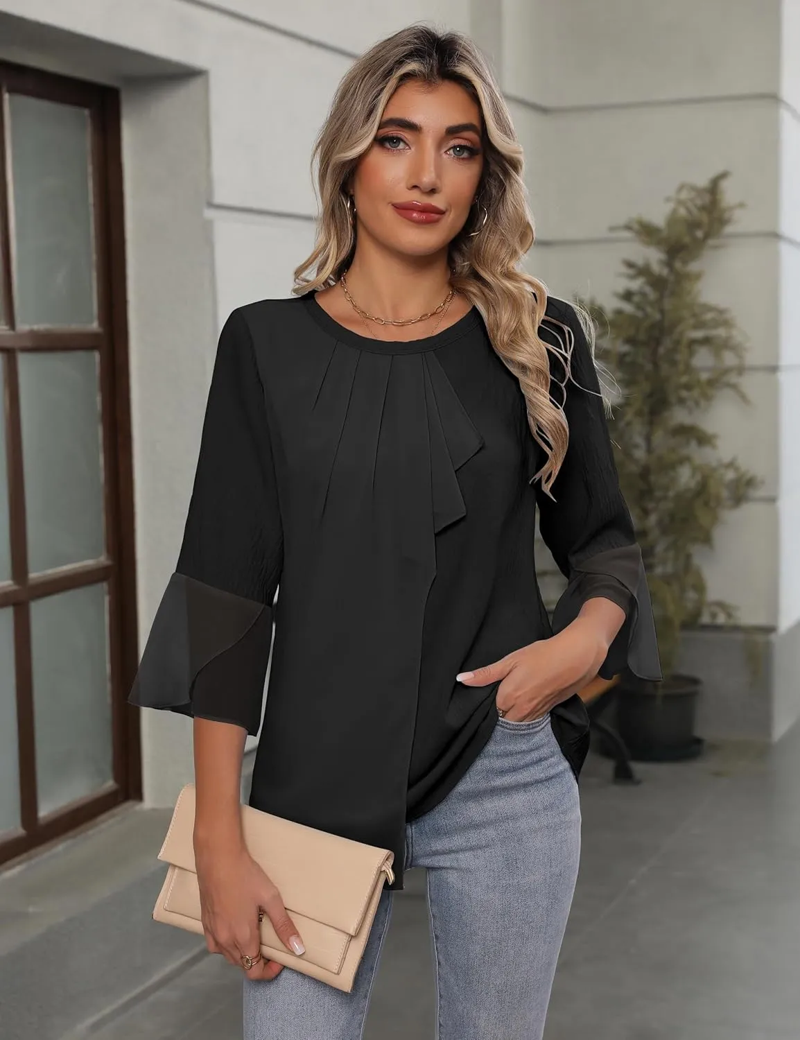 Blooming Jelly Womens Dressy Casual Blouses 3/4 Sleeve Ruffle Business Tops Summer Work Shirts 2025