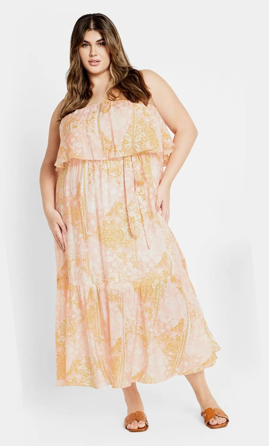 City Chic Women's Strapless Ruffle Bust Tie Waist Tiered Floral Maxi Dress