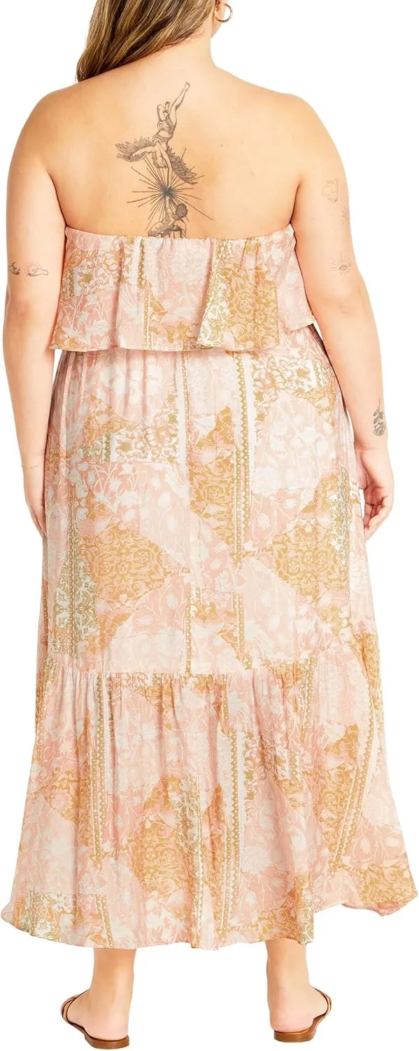 City Chic Women's Strapless Ruffle Bust Tie Waist Tiered Floral Maxi Dress