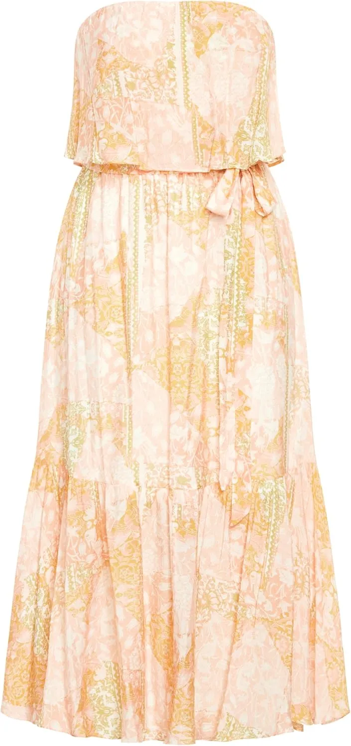 City Chic Women's Strapless Ruffle Bust Tie Waist Tiered Floral Maxi Dress