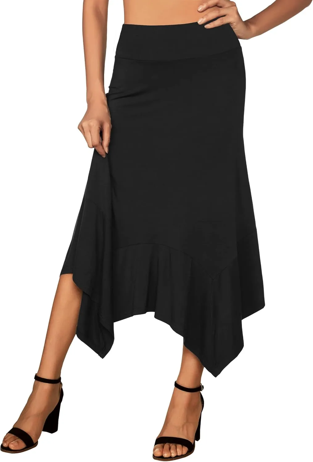 DJT Women's High Elastic Flat Waist Handkerchief Hem Flowy Flared Casual Midi Skirt