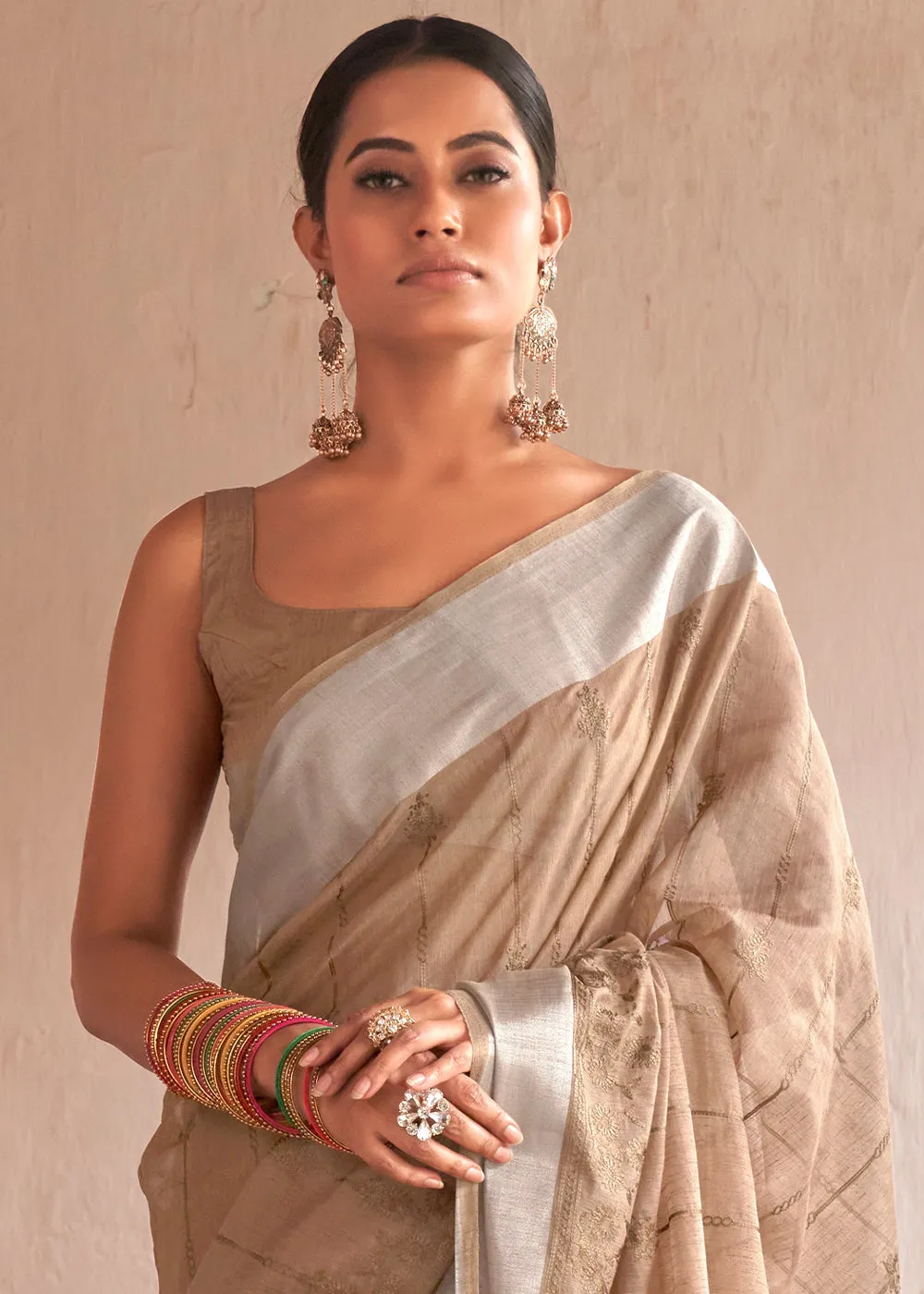 Fawn Brown Floral Embroidered Linen Saree