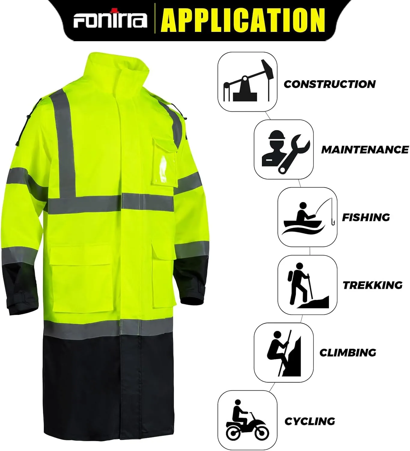 FONIRRA Hi Vis Safety Long Rain Jacket Men Waterproof, High Visibility Class 3 Raincoat, Construction Rain Gear for Work