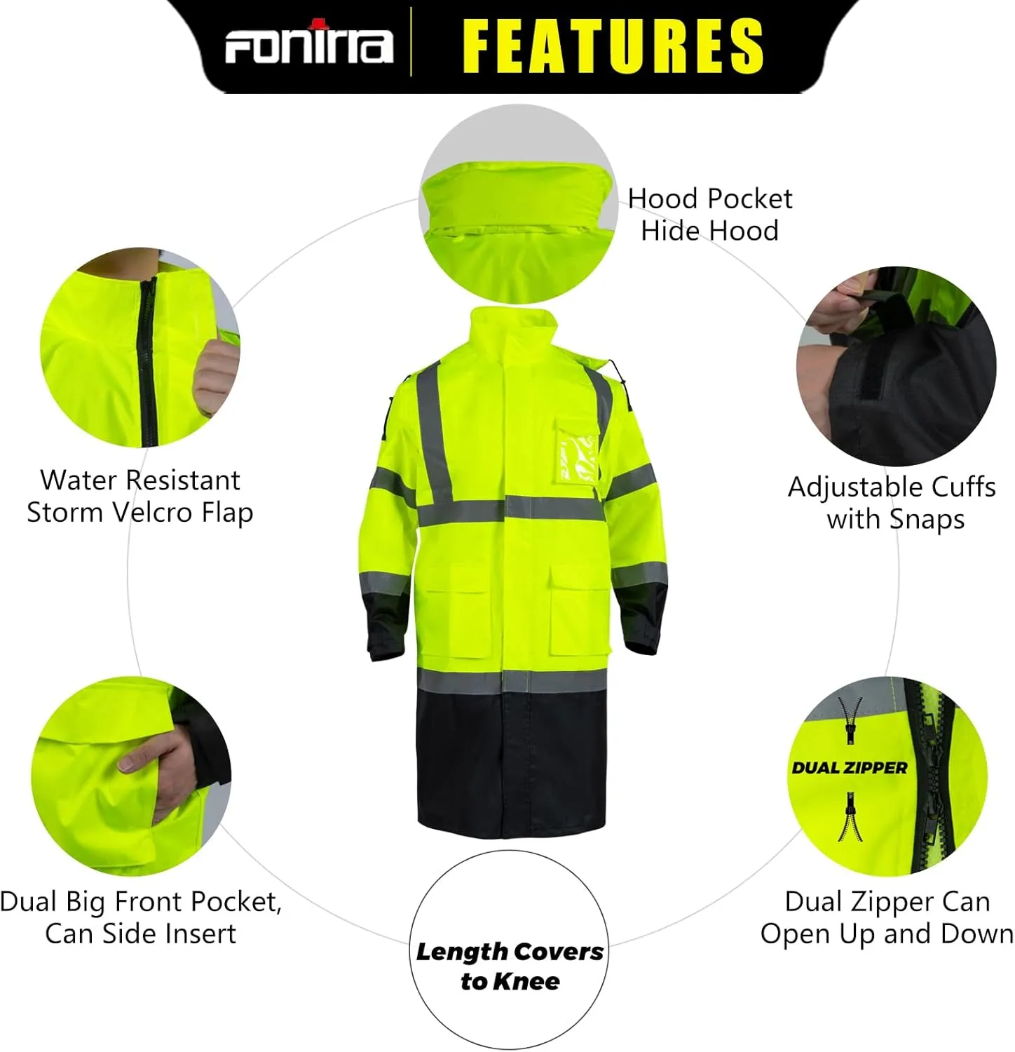 FONIRRA Hi Vis Safety Long Rain Jacket Men Waterproof, High Visibility Class 3 Raincoat, Construction Rain Gear for Work