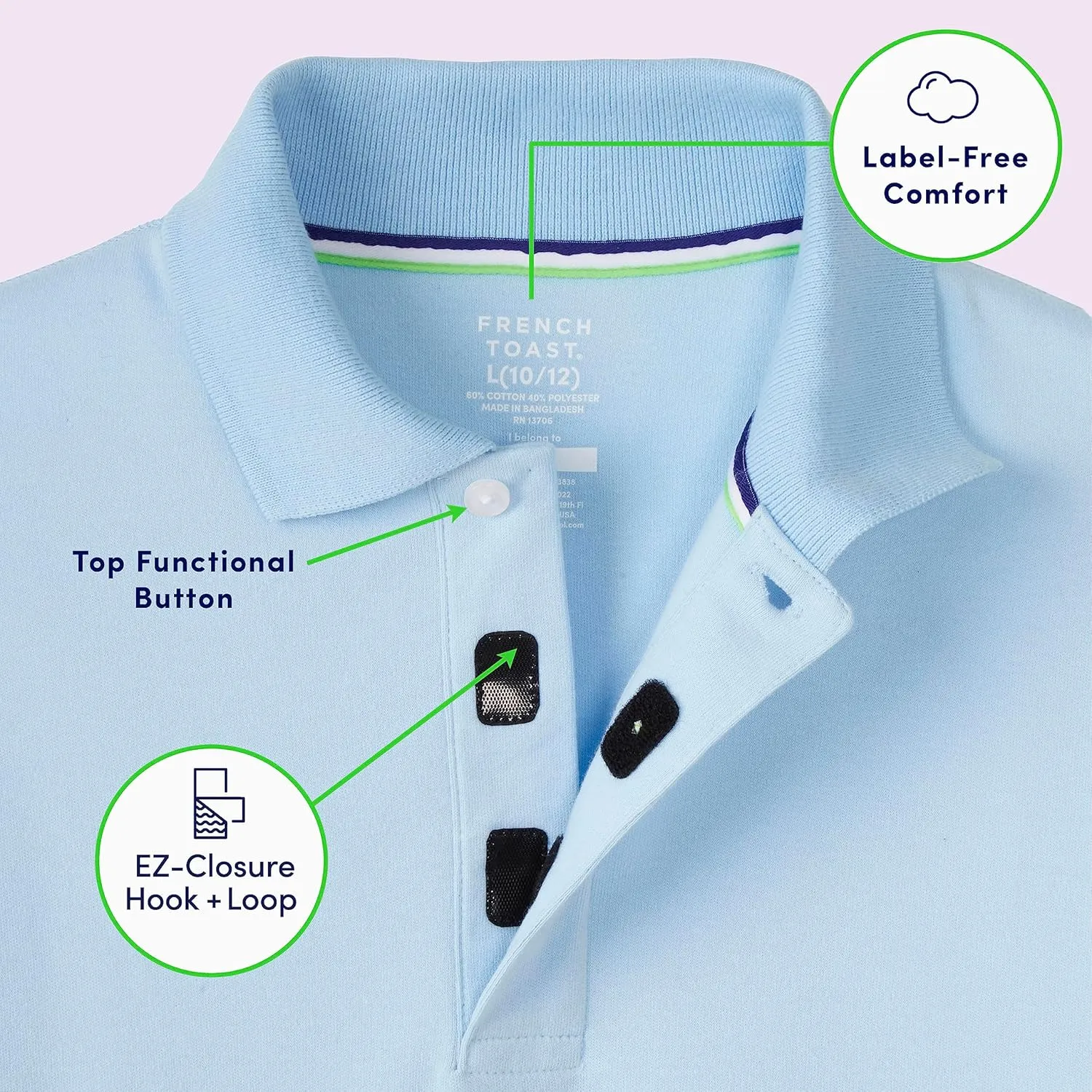French Toast Kids' Adaptive Short Sleeve Polo Shirt | Hook and Loop Placket | Flat Seams