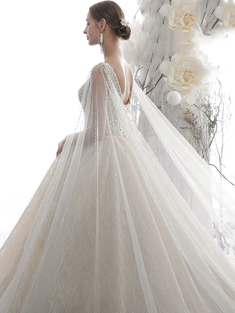 Glitter Light Champagne Plunge V Neck Sleeveless Ball Gown Wedding Dress #21011209