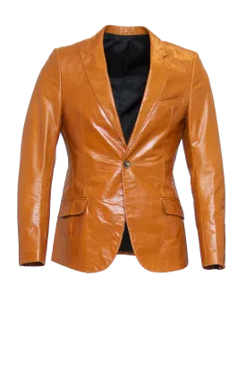 GOLDEN-BROWN FITTED 2-BUTTON SINGLE BREASTED LEATHER BLAZER