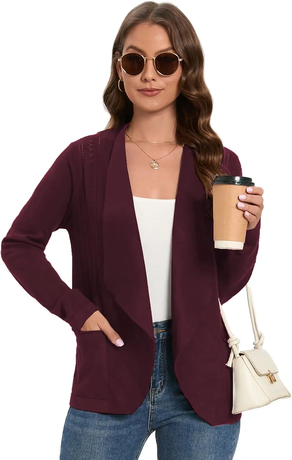 GRACE KARIN Women's Open Front Sweater Blazer Lapel Cardigan Sweater Long Sleeve Knitted Blazer Jackets with Pockets