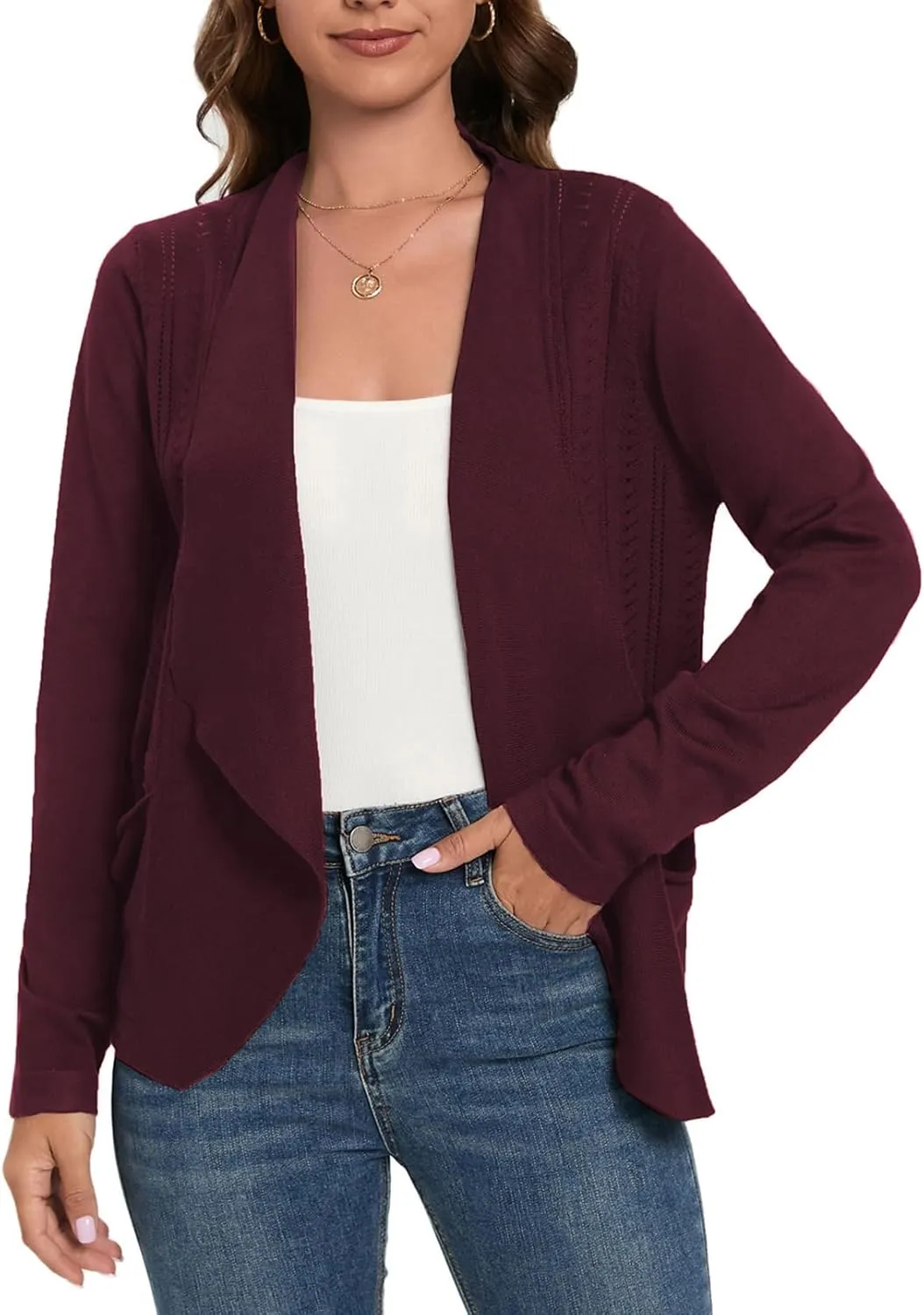 GRACE KARIN Women's Open Front Sweater Blazer Lapel Cardigan Sweater Long Sleeve Knitted Blazer Jackets with Pockets