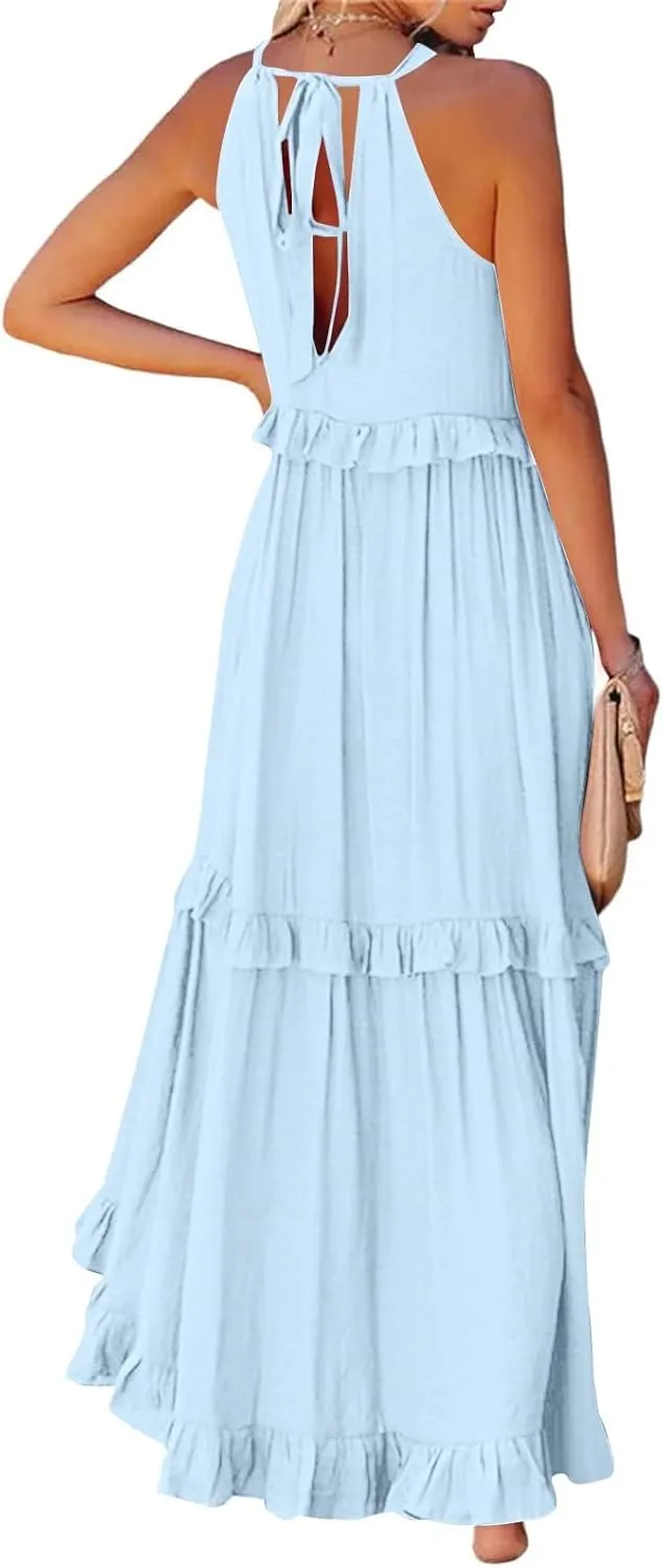 Halter Dresses for Women Smocked Tiered Flowy Swing Maxi Dresses Summer Cocktail Formal Wedding Guest Dress w/Pockets
