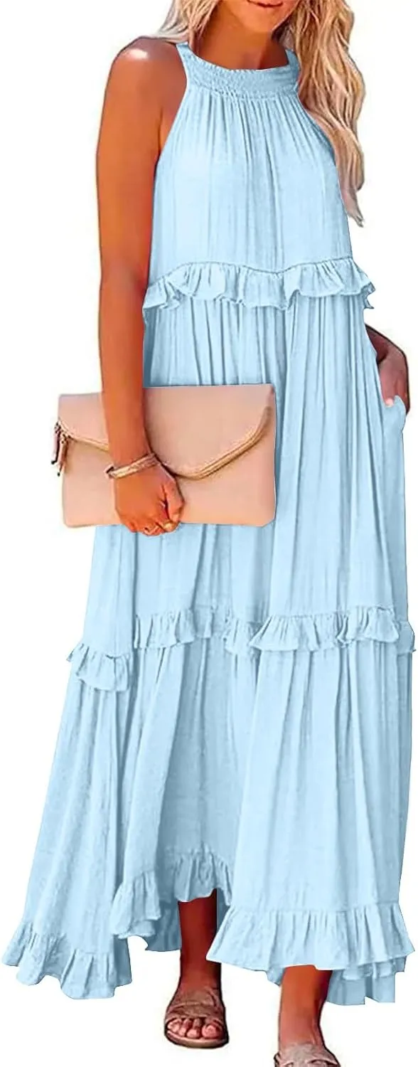 Halter Dresses for Women Smocked Tiered Flowy Swing Maxi Dresses Summer Cocktail Formal Wedding Guest Dress w/Pockets