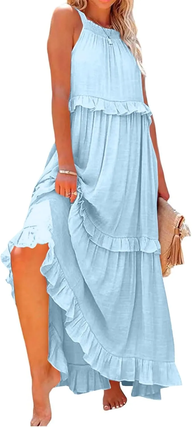Halter Dresses for Women Smocked Tiered Flowy Swing Maxi Dresses Summer Cocktail Formal Wedding Guest Dress w/Pockets