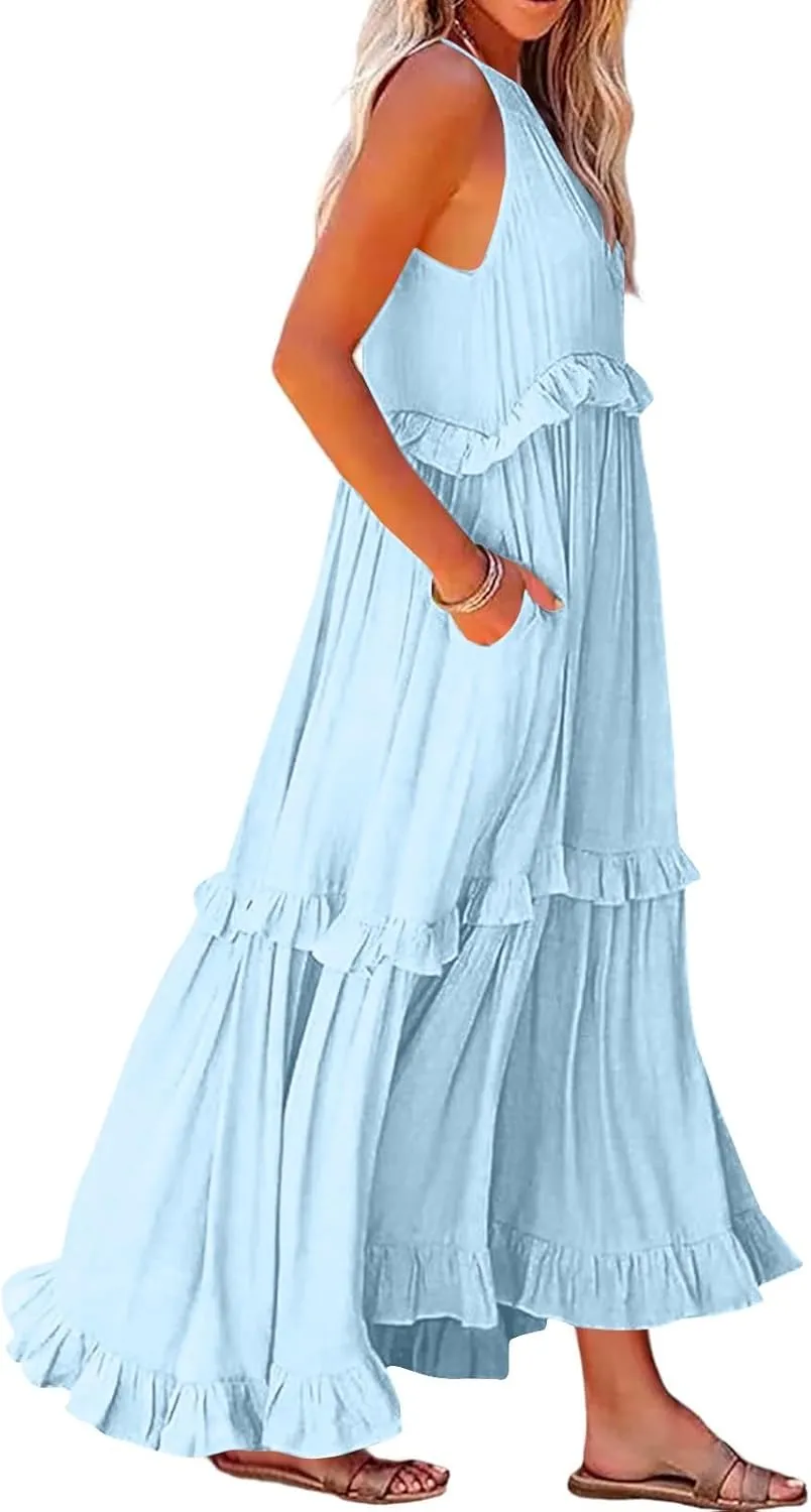 Halter Dresses for Women Smocked Tiered Flowy Swing Maxi Dresses Summer Cocktail Formal Wedding Guest Dress w/Pockets