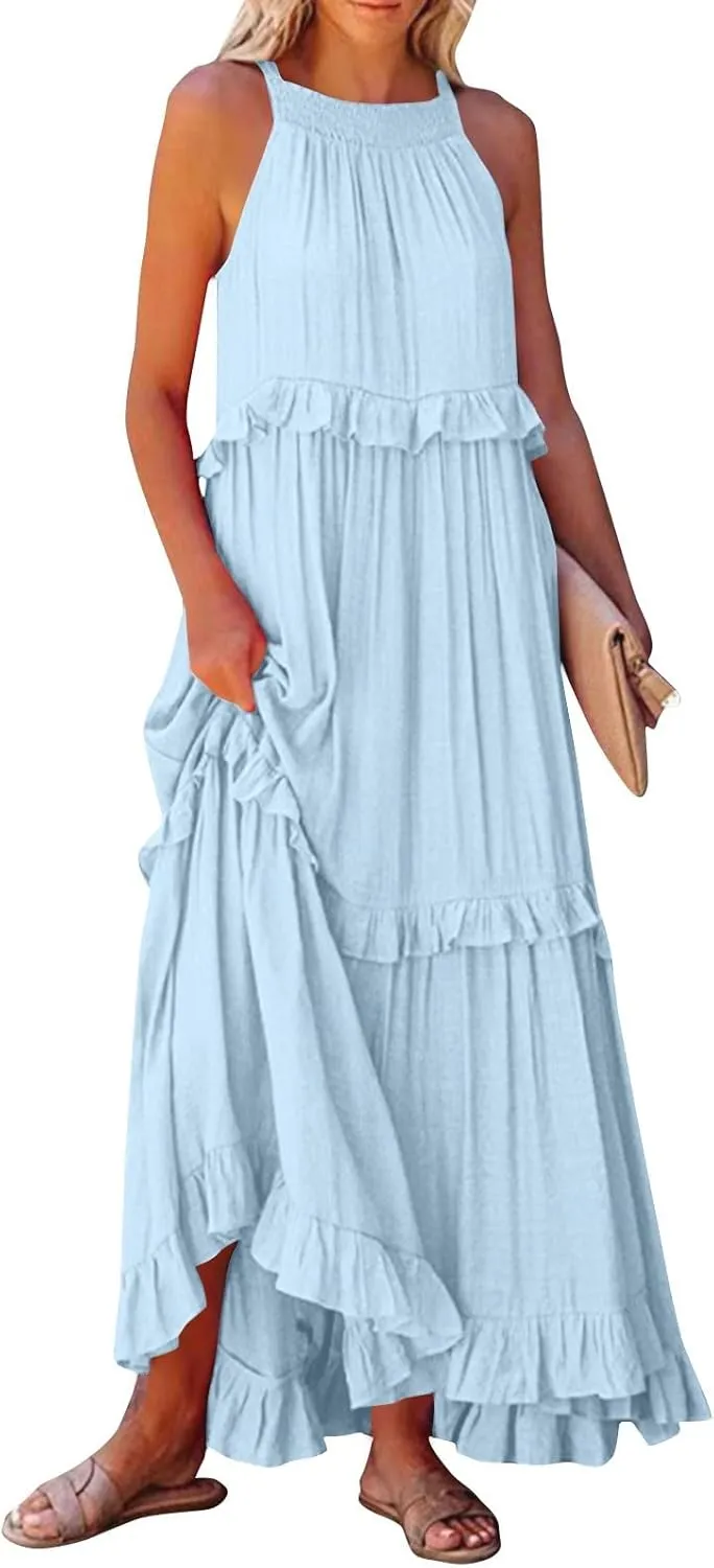 Halter Dresses for Women Smocked Tiered Flowy Swing Maxi Dresses Summer Cocktail Formal Wedding Guest Dress w/Pockets