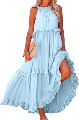 Halter Dresses for Women Smocked Tiered Flowy Swing Maxi Dresses Summer Cocktail Formal Wedding Guest Dress w/Pockets