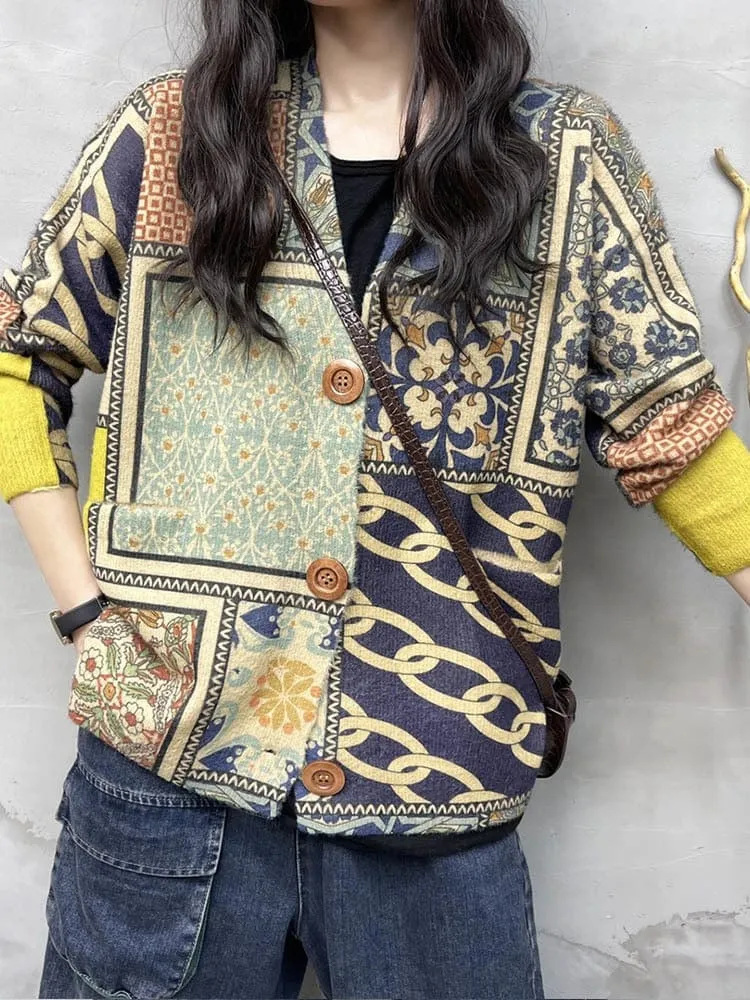 Haraju Loose Printed Knitted Cardigan