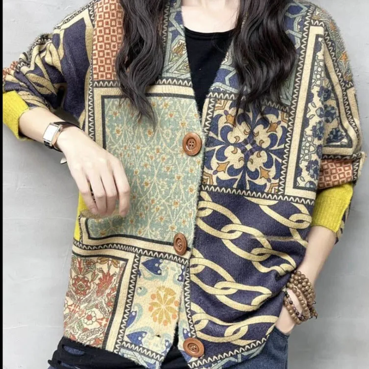 Haraju Loose Printed Knitted Cardigan