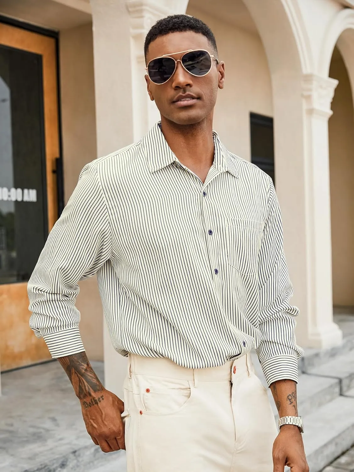 Hardaddy Men's Classic Color Contrast Striped Shirt Long Sleeve Casual Button Down Shirts Blouse