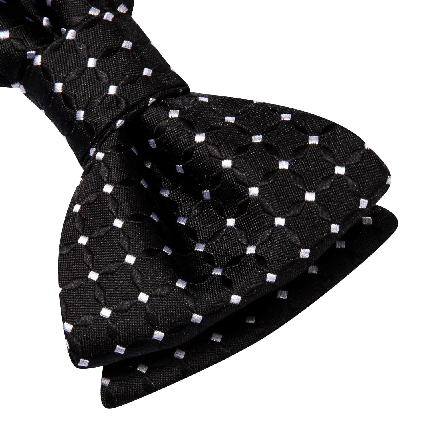 Hi-Tie Black Bowtie White Polka Dots Formal Tie Hanky Cufflinks Set