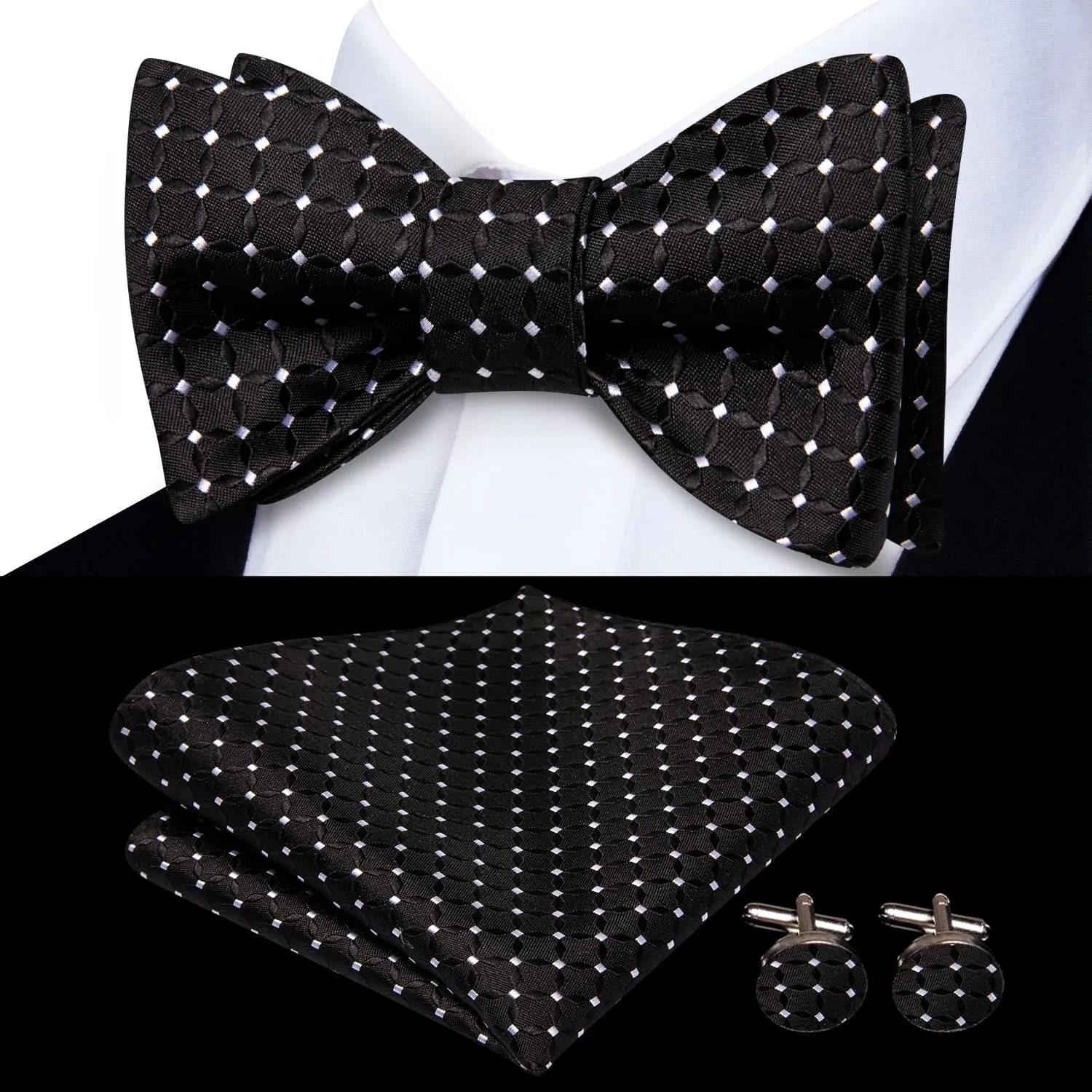 Hi-Tie Black Bowtie White Polka Dots Formal Tie Hanky Cufflinks Set