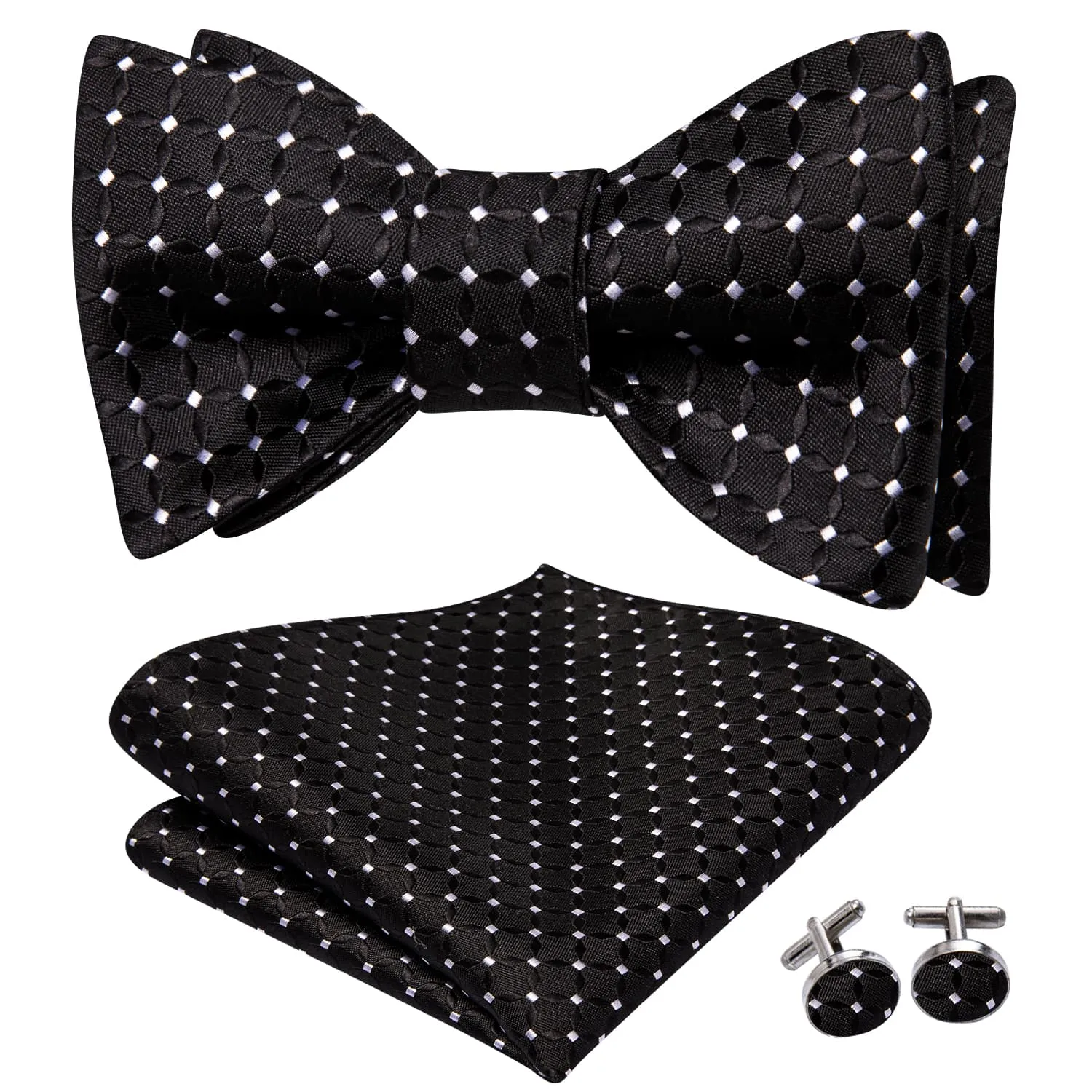 Hi-Tie Black Bowtie White Polka Dots Formal Tie Hanky Cufflinks Set