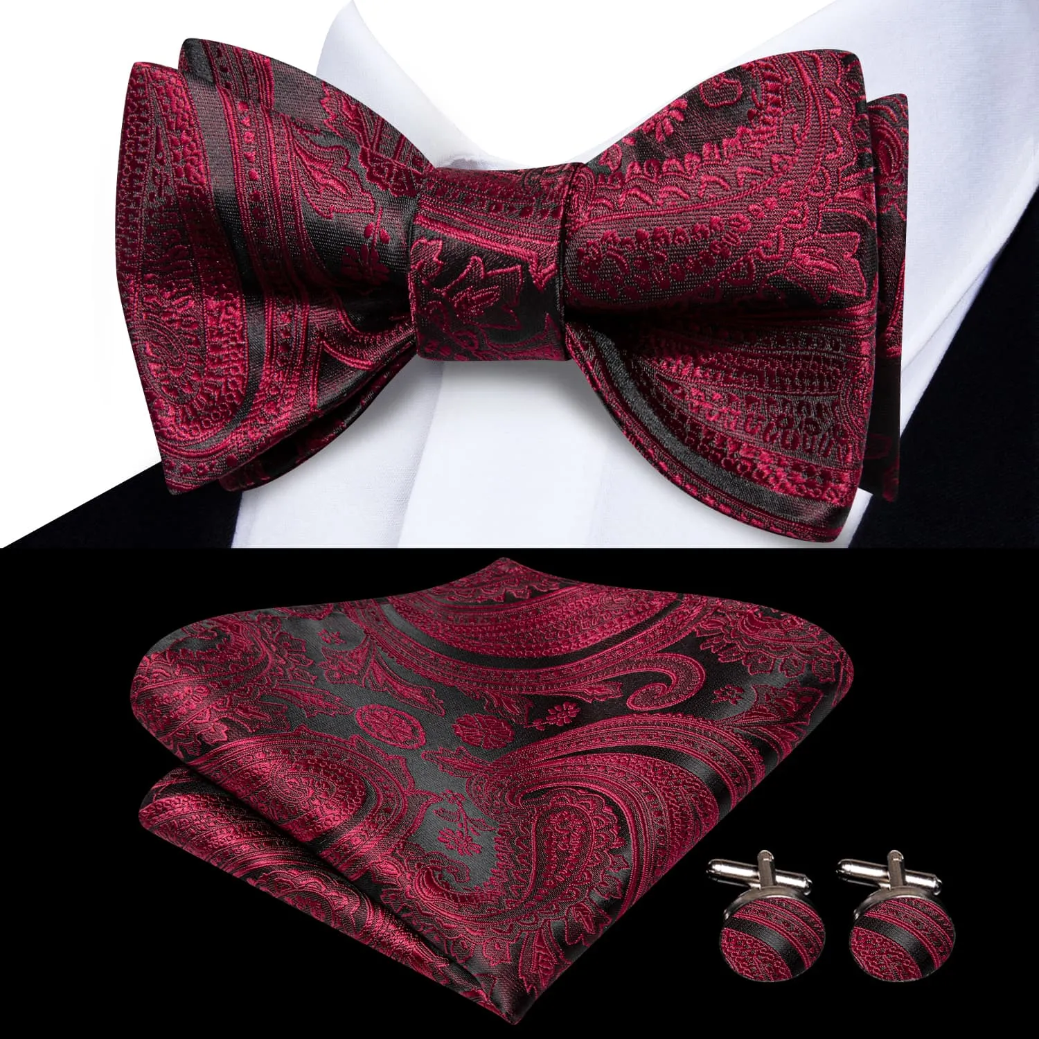 Hi-Tie Black Burgundy Red Paisley Jacquard Mens Bowtie Hanky Cufflinks Set
