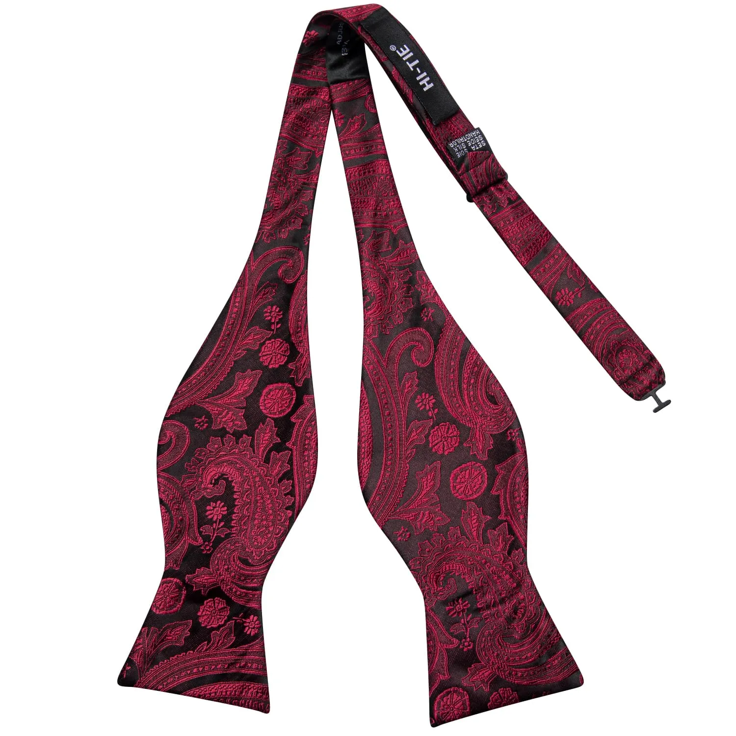 Hi-Tie Black Burgundy Red Paisley Jacquard Mens Bowtie Hanky Cufflinks Set