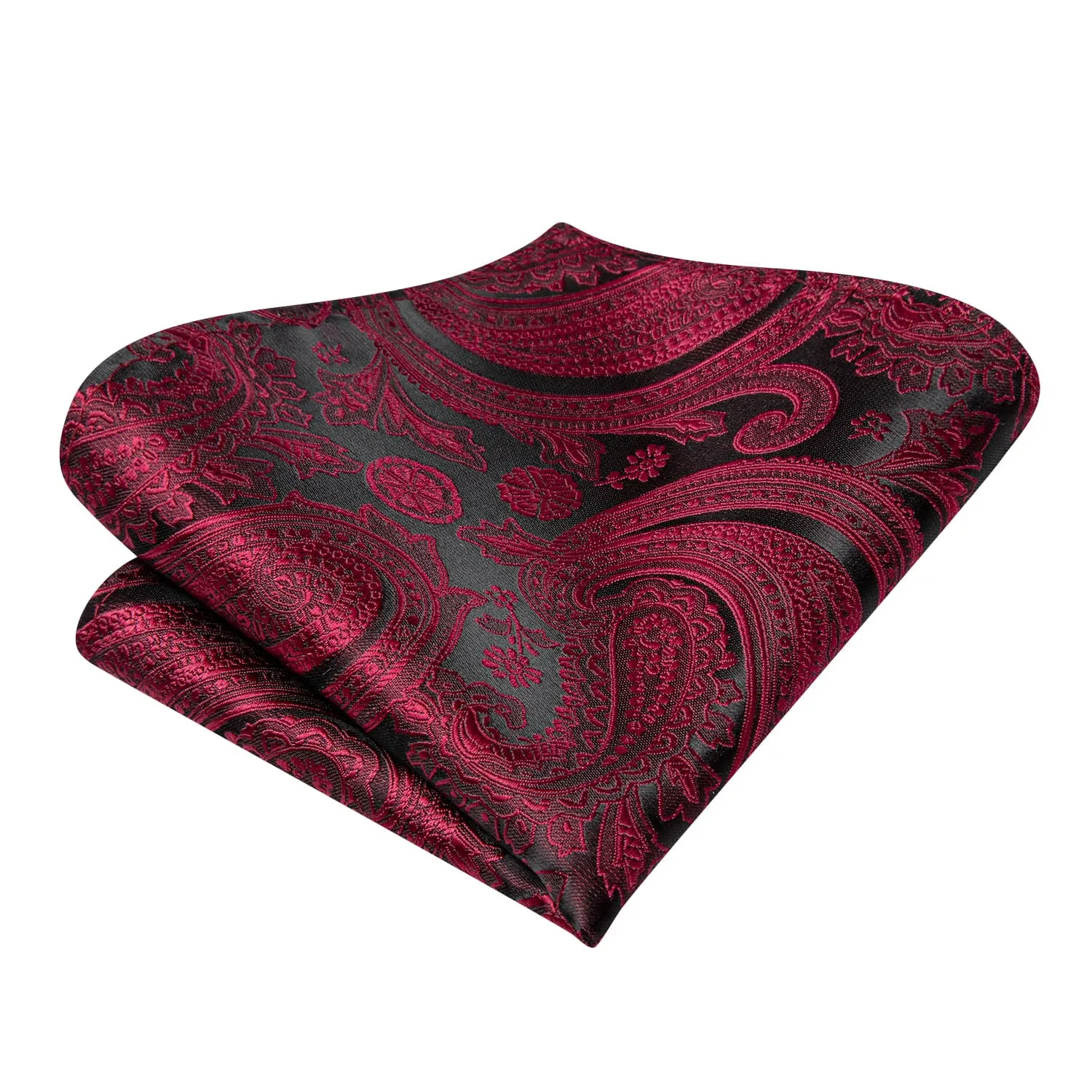 Hi-Tie Black Burgundy Red Paisley Jacquard Mens Bowtie Hanky Cufflinks Set