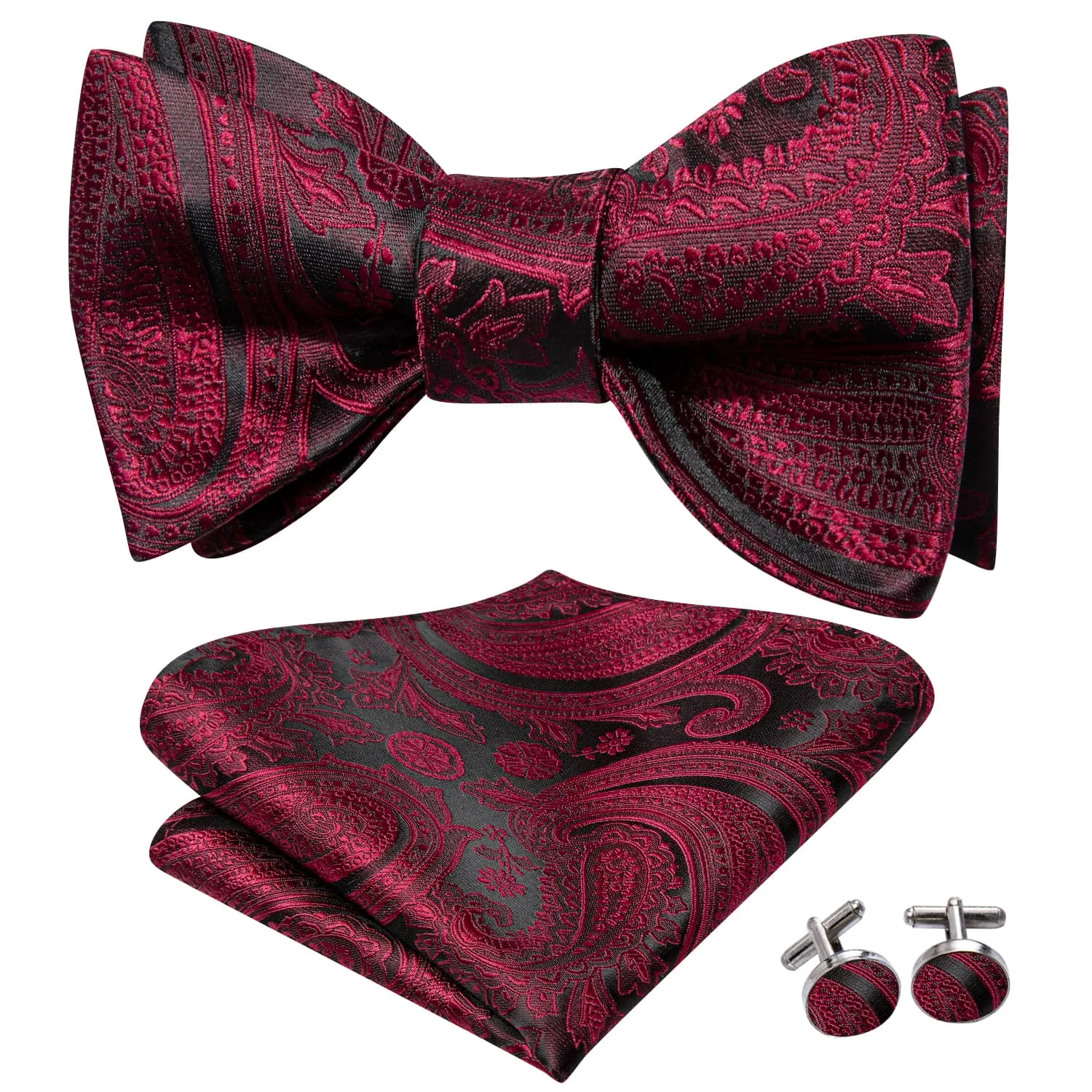 Hi-Tie Black Burgundy Red Paisley Jacquard Mens Bowtie Hanky Cufflinks Set