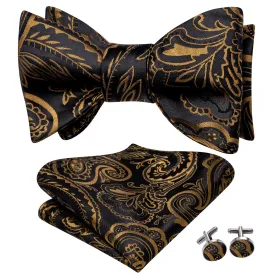 Hi-Tie Black Gold Jacquard Floral Self Tie Bow Tie Hanky Cufflinks Set