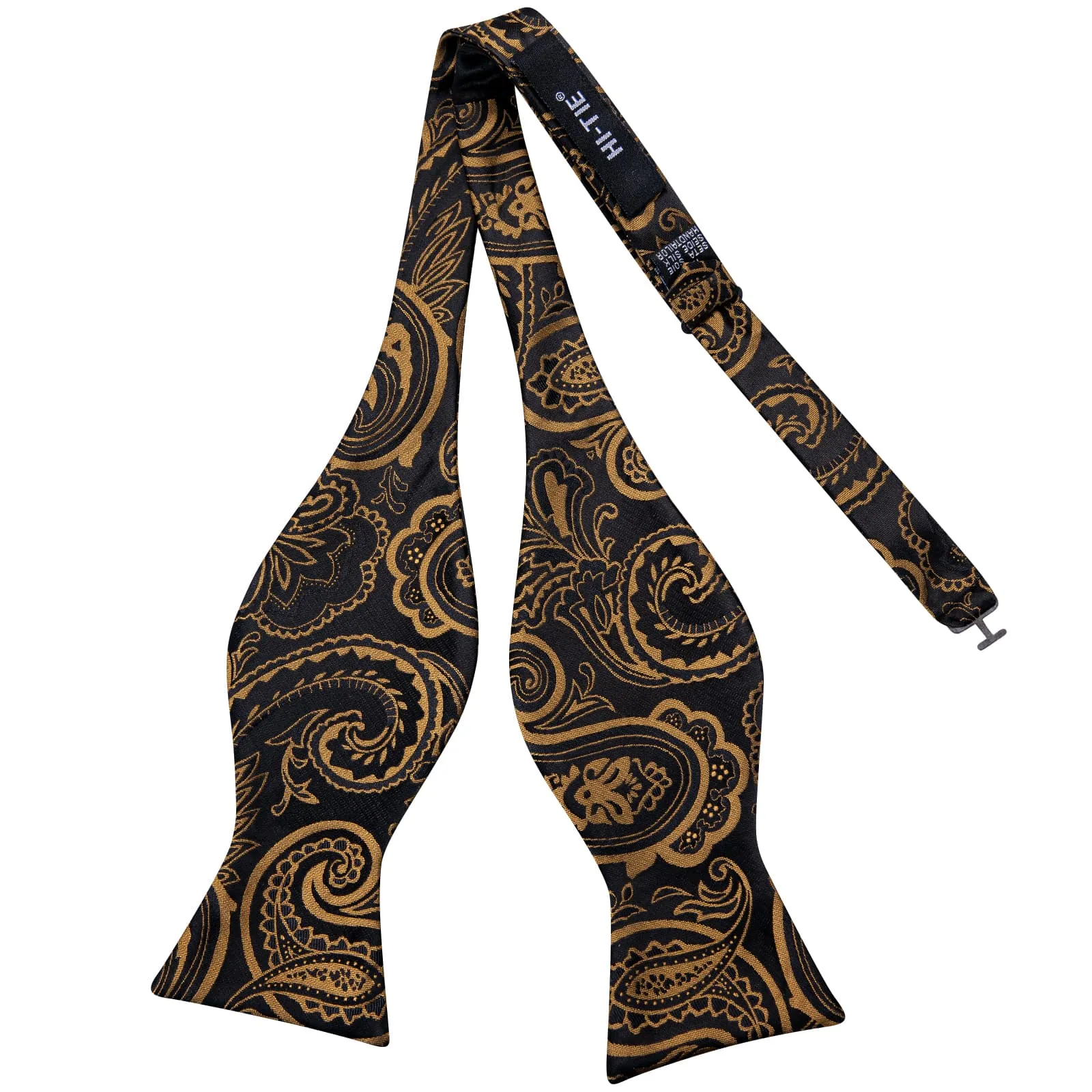 Hi-Tie Black Gold Jacquard Floral Self Tie Bow Tie Hanky Cufflinks Set