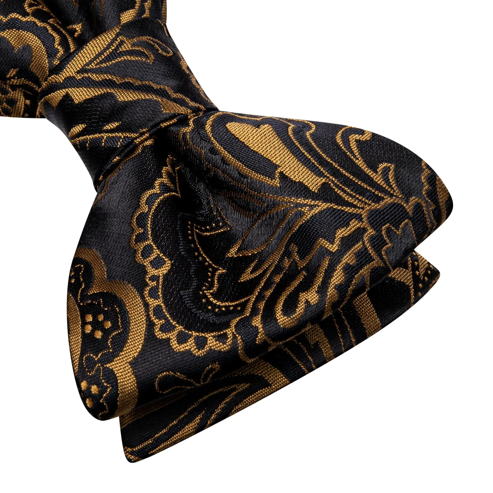 Hi-Tie Black Gold Jacquard Floral Self Tie Bow Tie Hanky Cufflinks Set