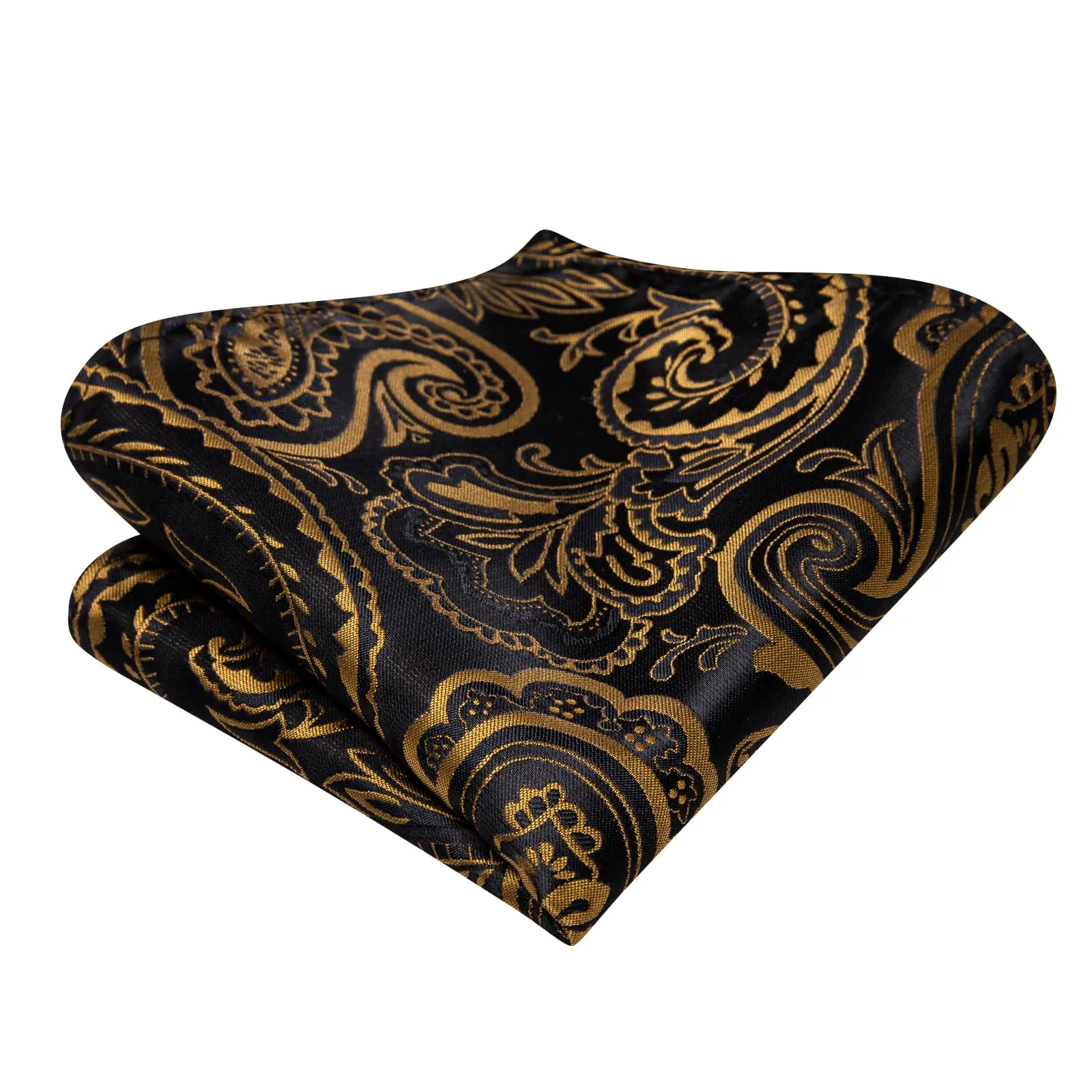 Hi-Tie Black Gold Jacquard Floral Self Tie Bow Tie Hanky Cufflinks Set